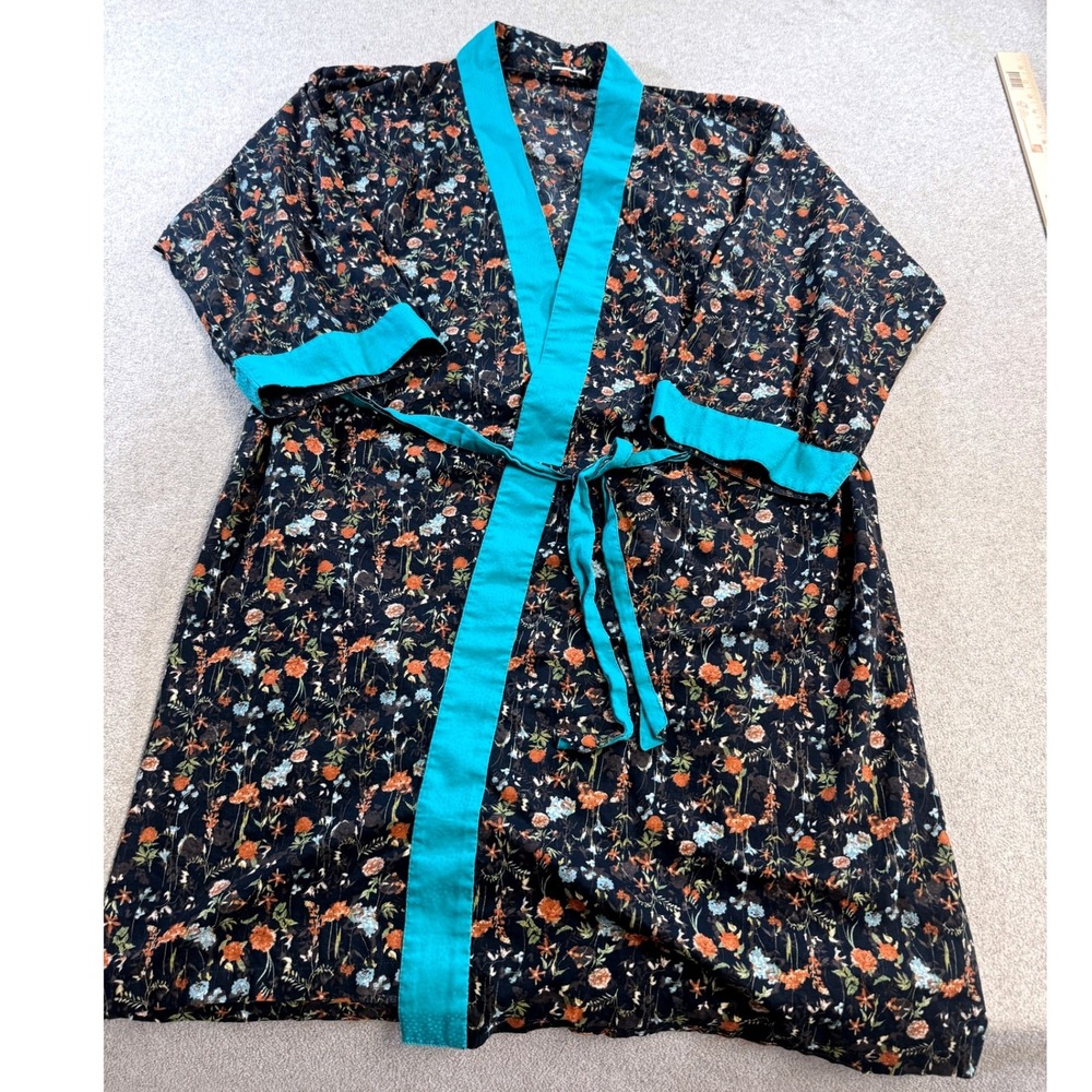 Le Lis Blanc Casa Kimono Womens OS Black Floral Turquoise Trim Tie Boho Robe